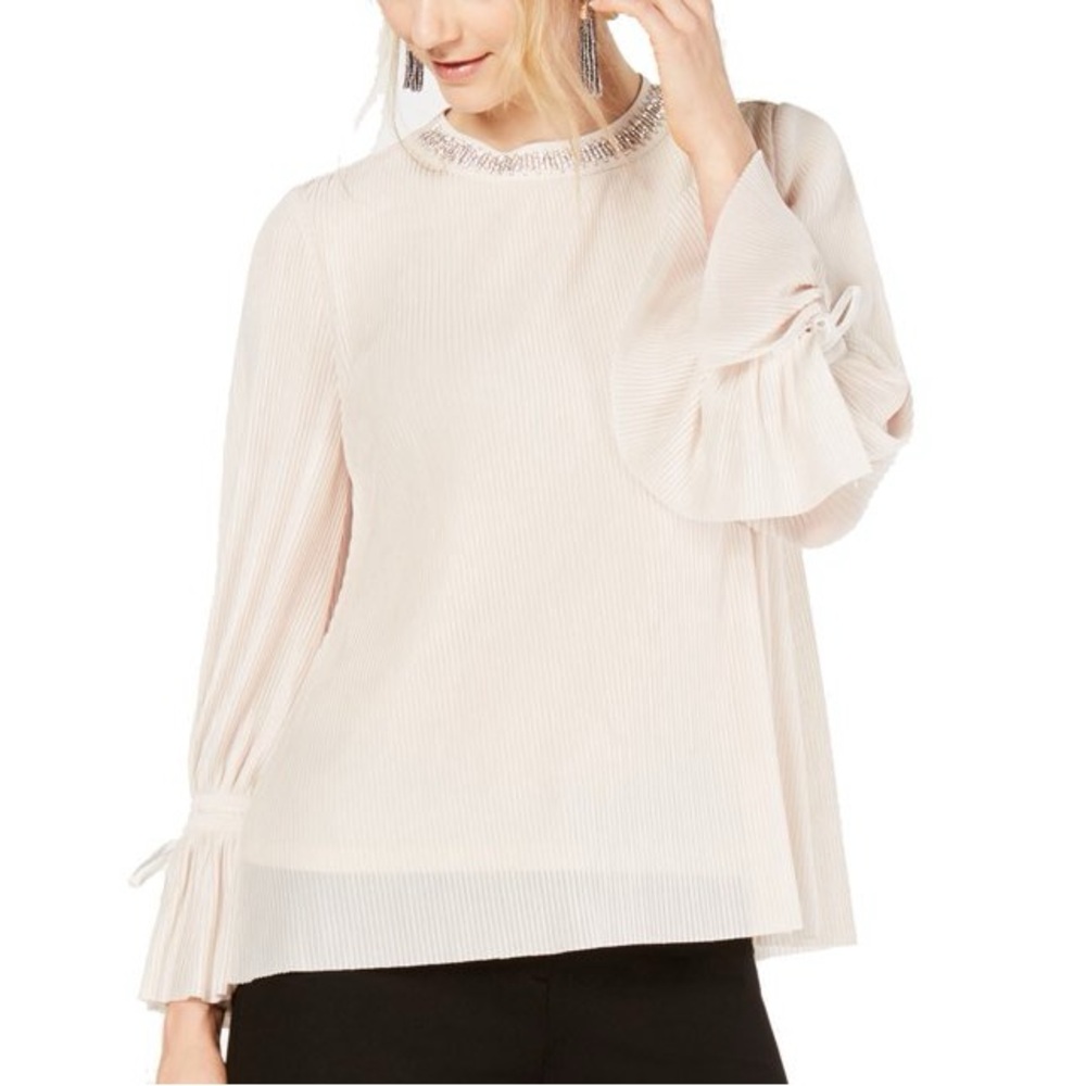ALFANI | Nude Textured Embellished-Neck Blouse
